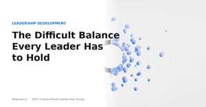 Leadership needs illustration: a black C-mark surrounded by blue orbital dots representing four leadership needs in balance.