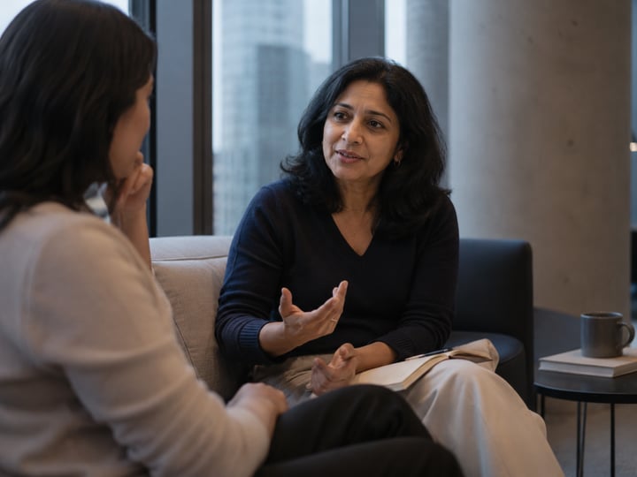 Twee collega's in gesprek in een lounge met uitzicht op de stad