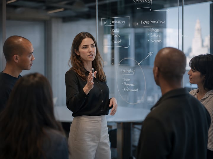Een projectmanager neemt een plan door met haar team bij een glazen wand