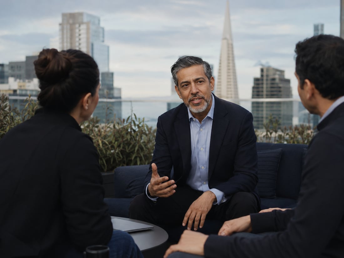 A director talks with two colleagues in a lounge overlooking the city