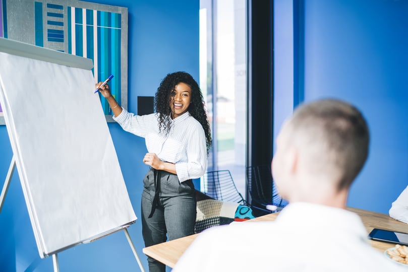 A trainer at a flip chart explaining something to a small group