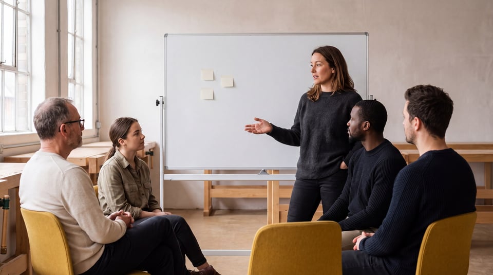 A facilitator at a whiteboard in front of a small group