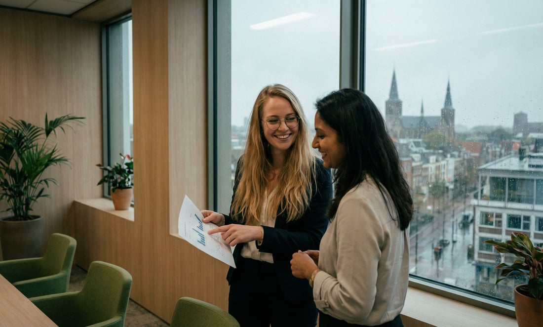 Zwei Kolleginnen besprechen am Bürofenster einen Kampagnenbericht