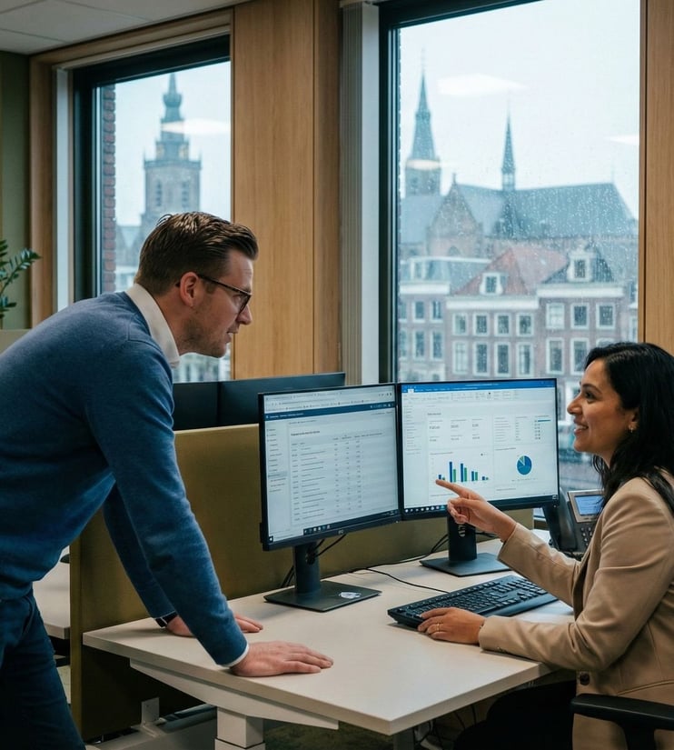 Two colleagues review a design together at a pair of monitors