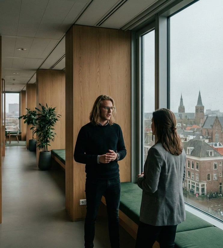 Twee collega's in gesprek in een gang met uitzicht op de stad