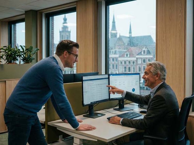 Twee collega's overleggen bij een bureau met twee schermen