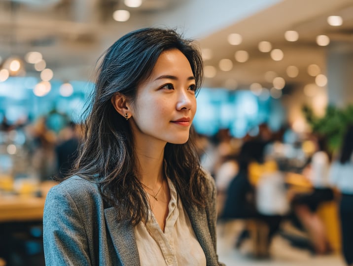 An HR manager standing in a busy company canteen