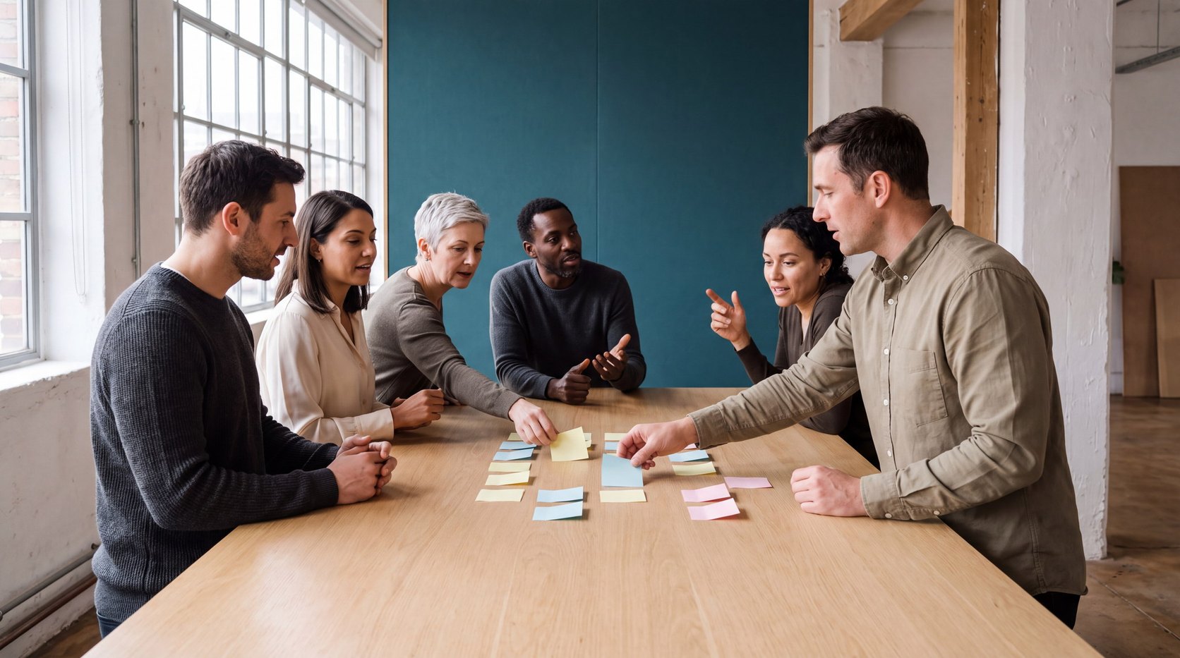 A team working through ideas together at a table.