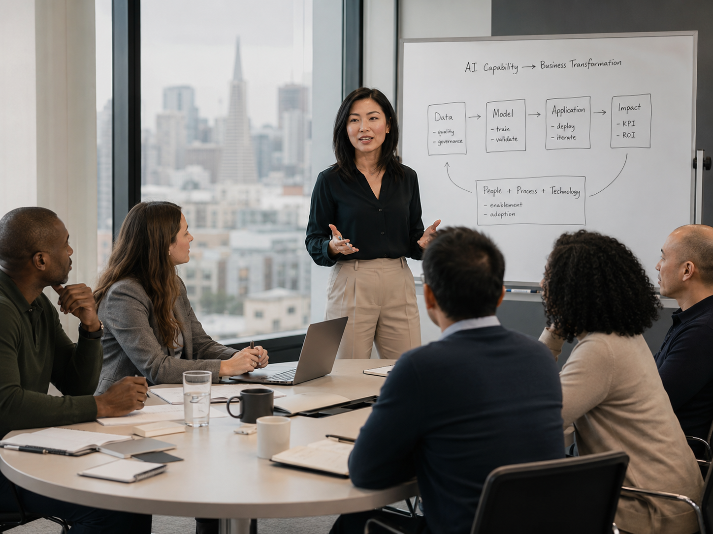 A leadership team in discussion, presenter at a whiteboard