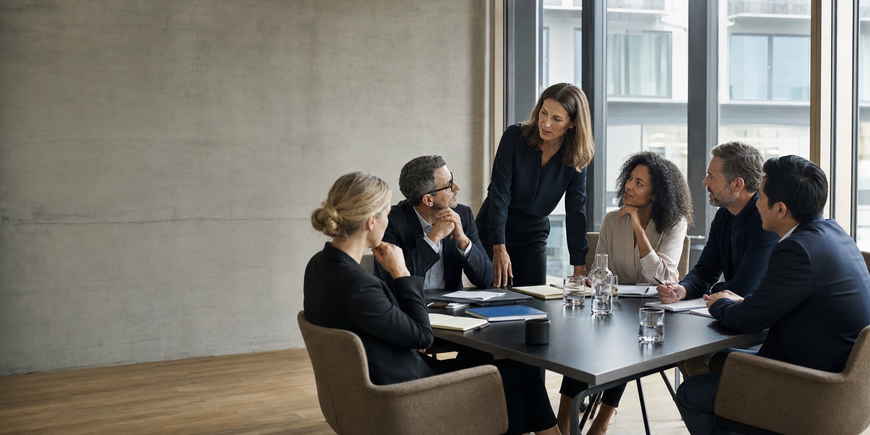 Een leiderschapsteam werkt samen rond een tafel