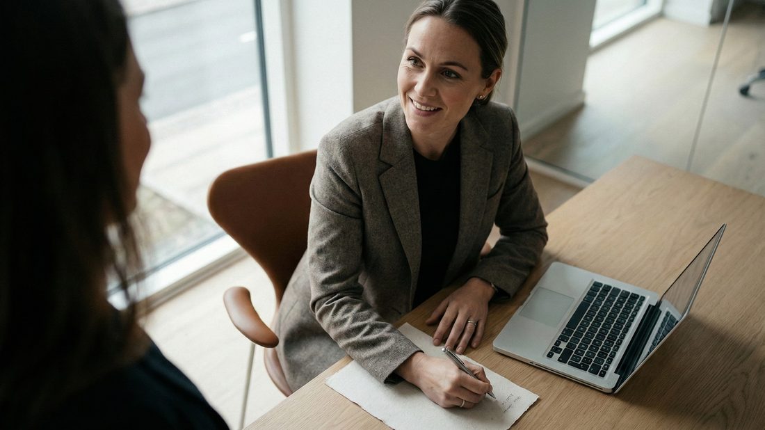 Twee mensen aan een tafel met een laptop, in gesprek over een compact traject.