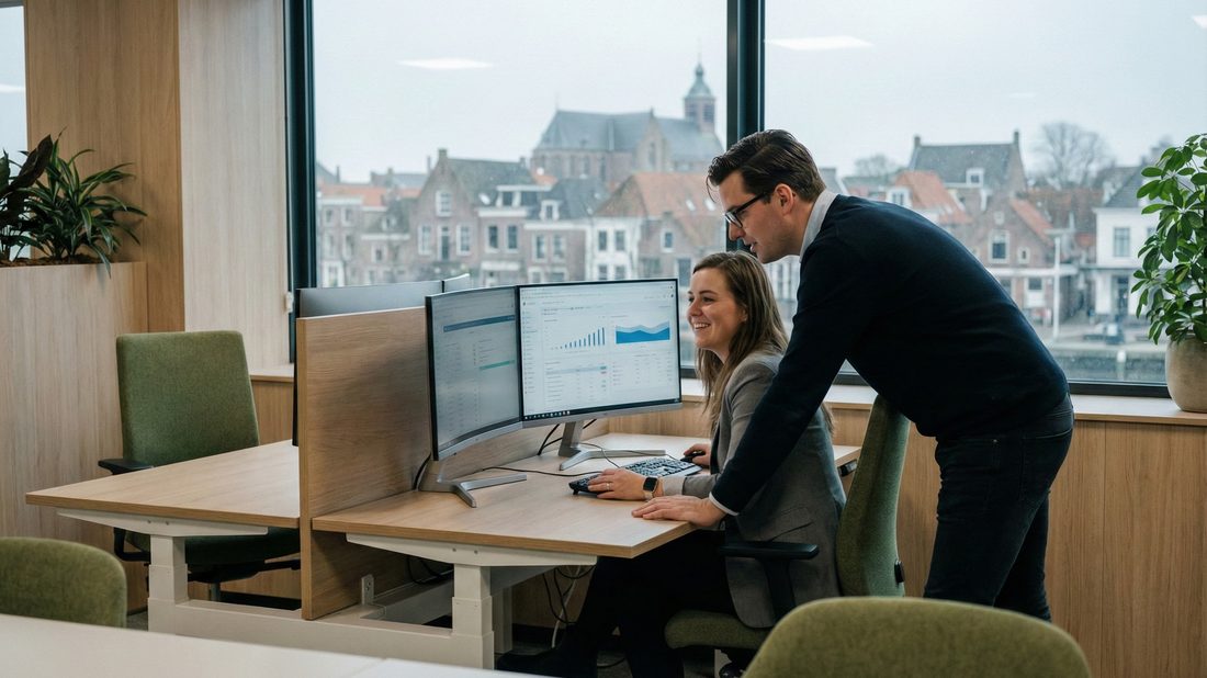 Drie collega’s kijken samen naar een dashboard op twee schermen, met uitzicht over de stad.