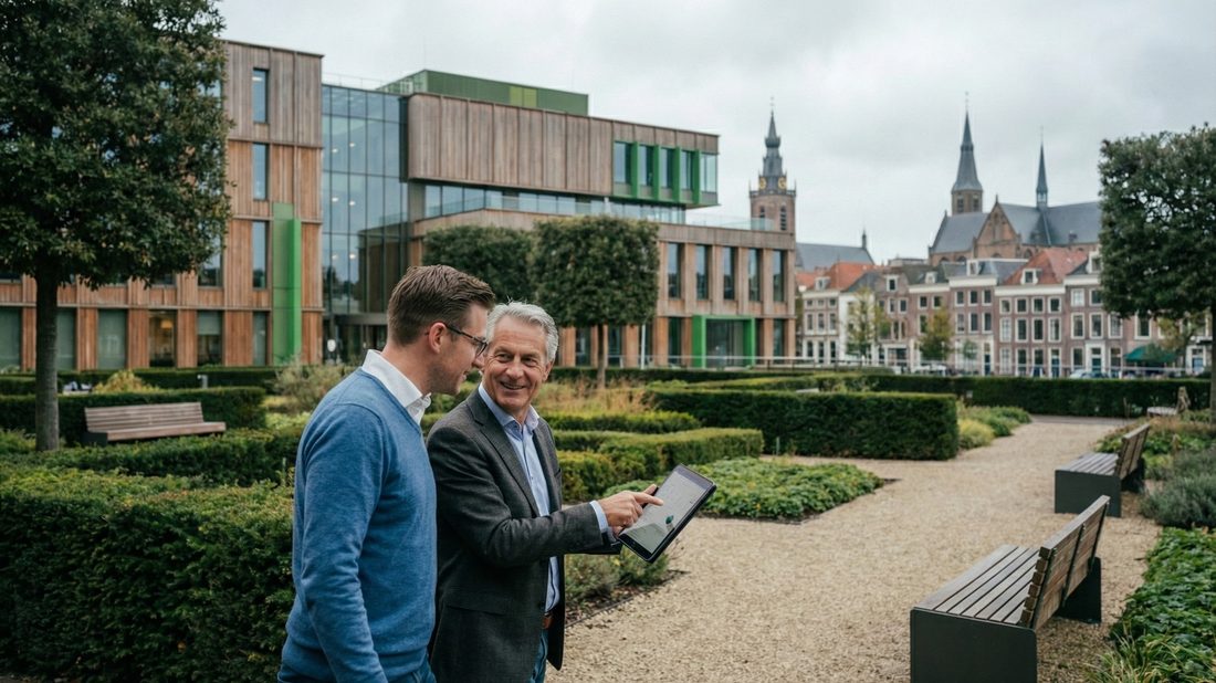 Twee mensen in gesprek voor een modern overheidsgebouw, met de torens van de binnenstad op de achtergrond.